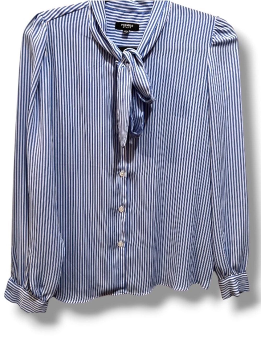 Premise Studio Women’s Blue White Striped Collared Long Sleeve Neck Tie Top